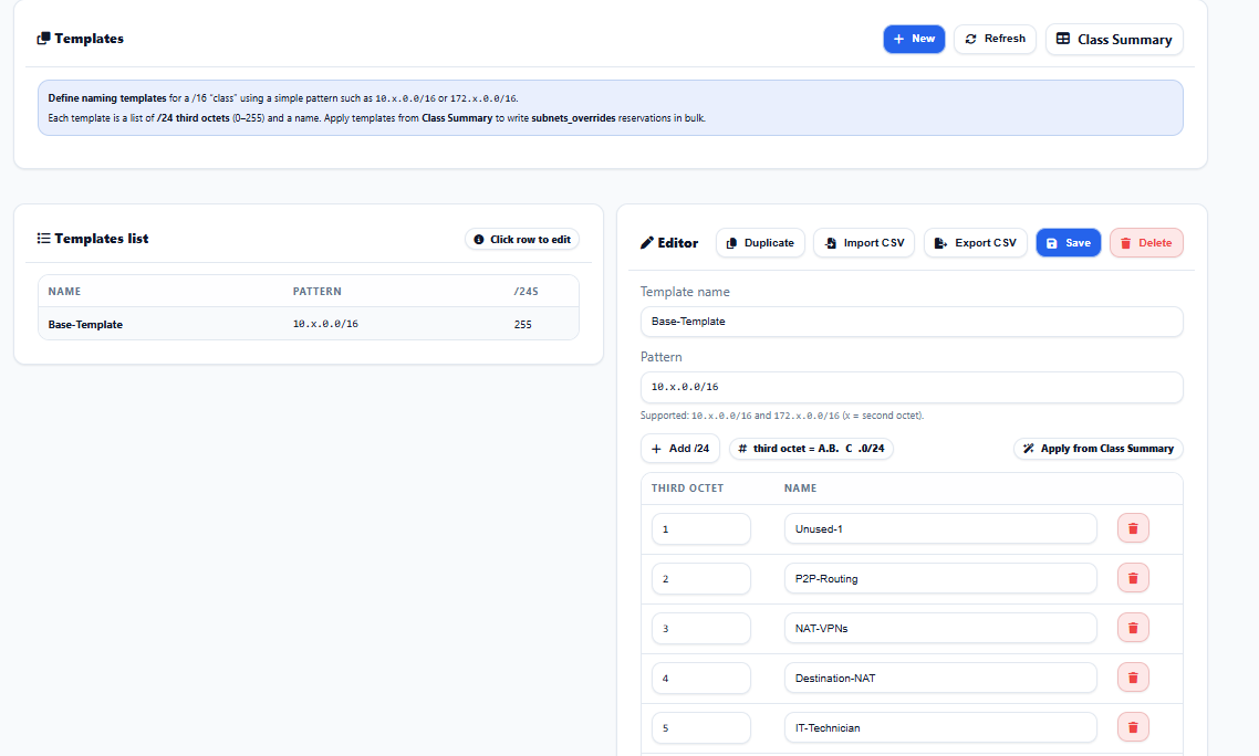 Templates screen from the IPAM Manager administration guide