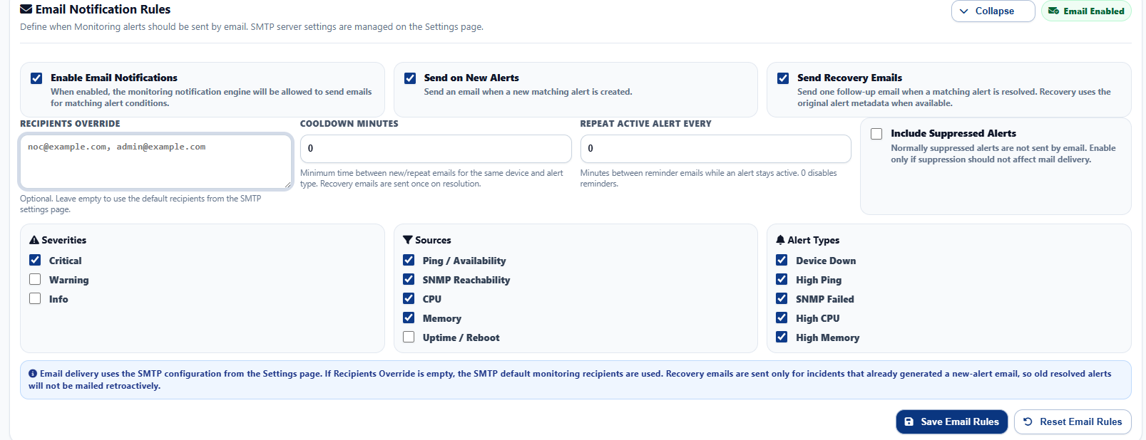 Email notification rules screen for monitoring alerts, recovery emails, severities, sources, alert types, cooldown, repeat reminders, and recipient override.