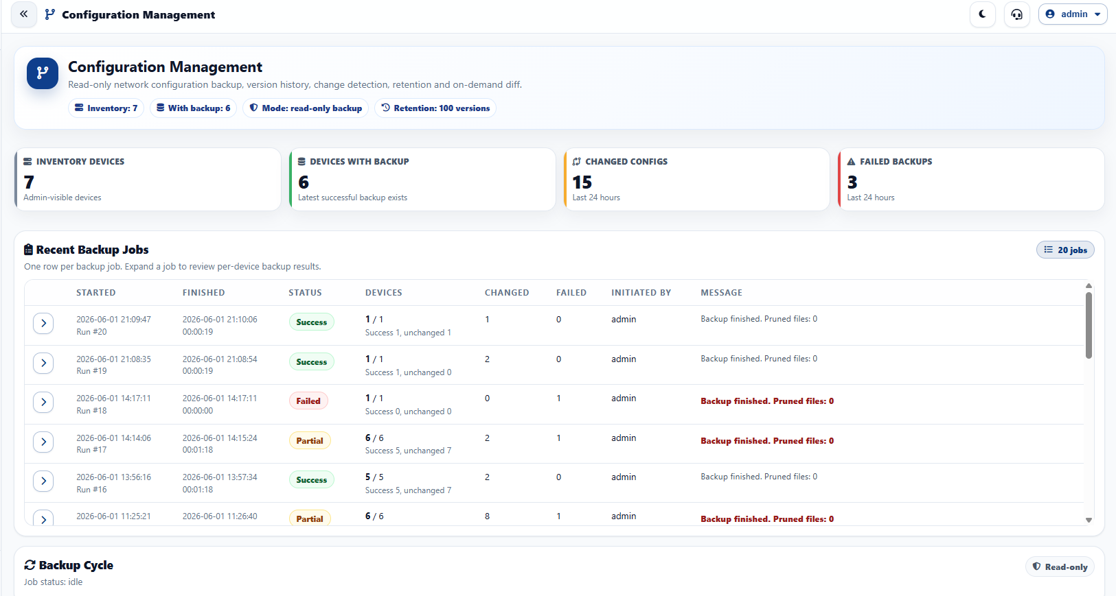 Config Management screen showing network device configuration backup, backup job results, backup versions, and configuration version comparison in IPAManager.