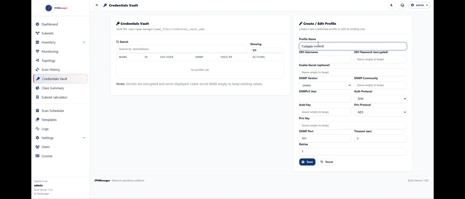 Credentials Vault profile form with SSH and SNMP fields.