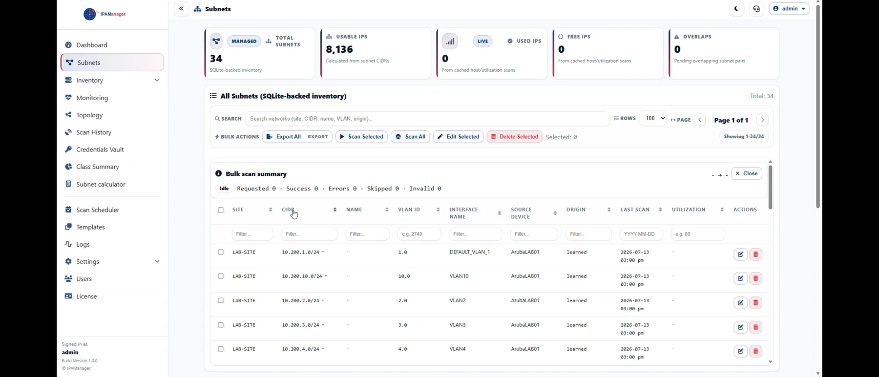IPAManager Subnets page showing networks discovered from managed devices.