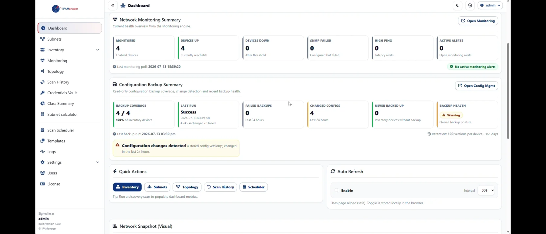 IPAManager dashboard after the guided evaluation, showing network, monitoring, and configuration backup summaries.