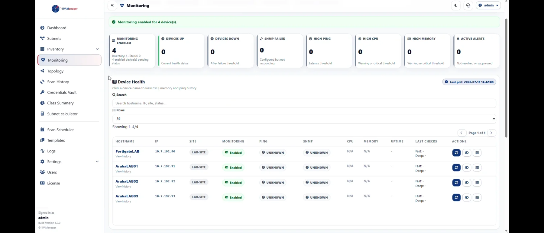 IPAManager Monitoring page showing enabled devices with successful availability status.
