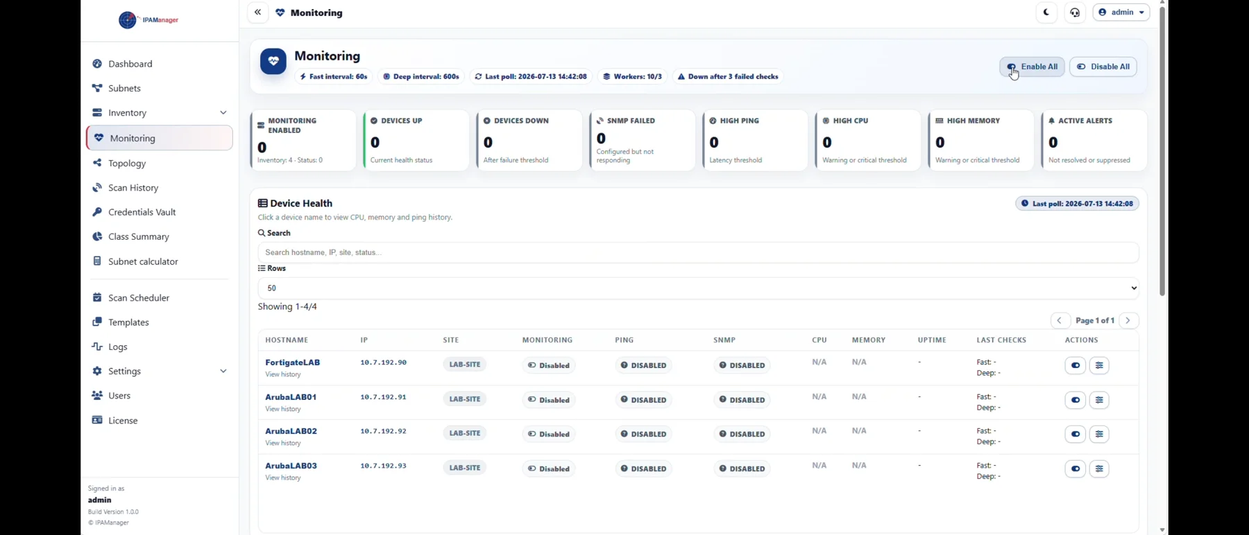 IPAManager Monitoring page before monitoring is enabled for the listed devices.