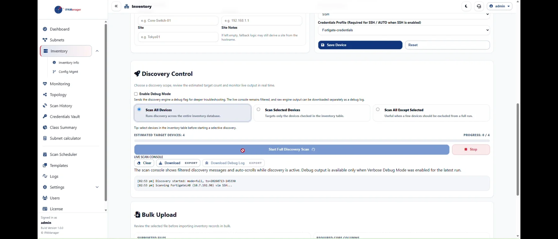 Inventory Discovery Control showing an active device network discovery scan and execution output.