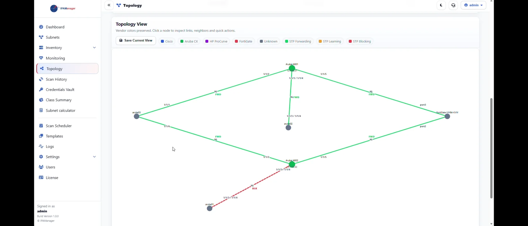 IPAManager Topology View showing discovered devices, neighbor links, and interface labels.